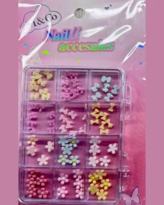 M&Co Nail Accessories Box 12 Grid – Flowers and Bows Pink Yellow – SNX Nails